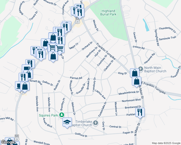 map of restaurants, bars, coffee shops, grocery stores, and more near 520 Brooke Drive in Danville
