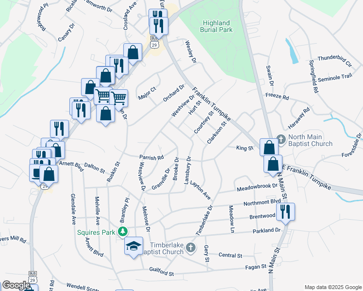map of restaurants, bars, coffee shops, grocery stores, and more near 520 Brooke Drive in Danville
