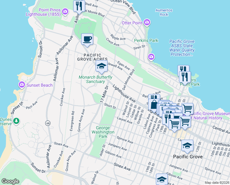 map of restaurants, bars, coffee shops, grocery stores, and more near 935 Lighthouse Avenue in Pacific Grove