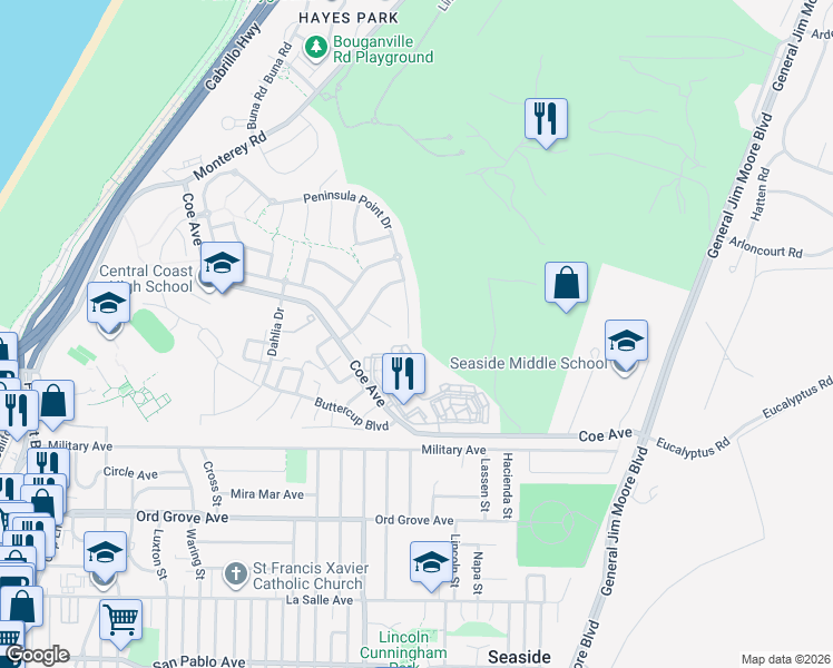 map of restaurants, bars, coffee shops, grocery stores, and more near 4120 Peninsula Point Drive in Seaside