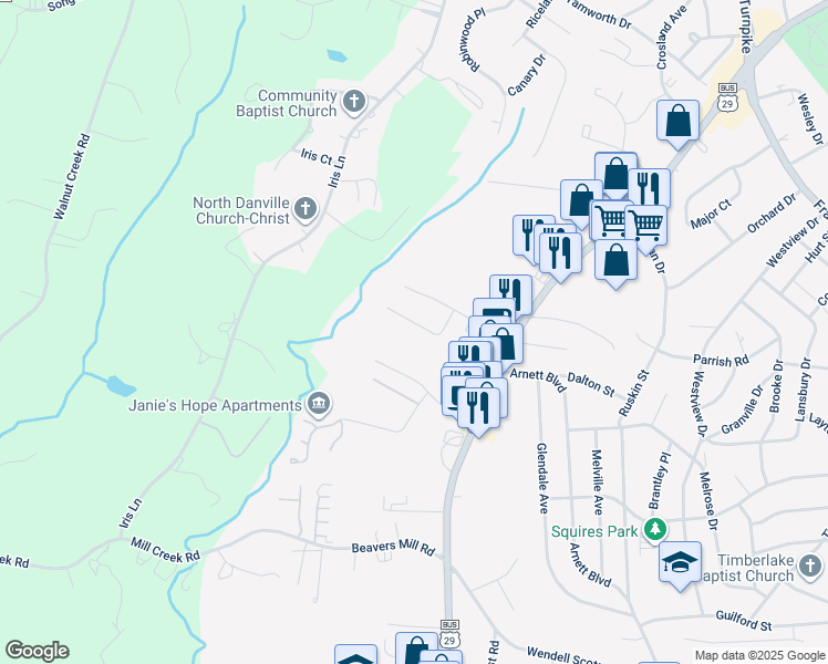 map of restaurants, bars, coffee shops, grocery stores, and more near 229 Sylvan Road in Danville