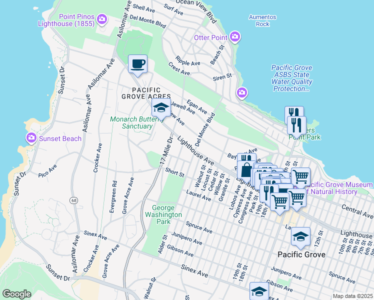 map of restaurants, bars, coffee shops, grocery stores, and more near 911 Lighthouse Avenue in Pacific Grove