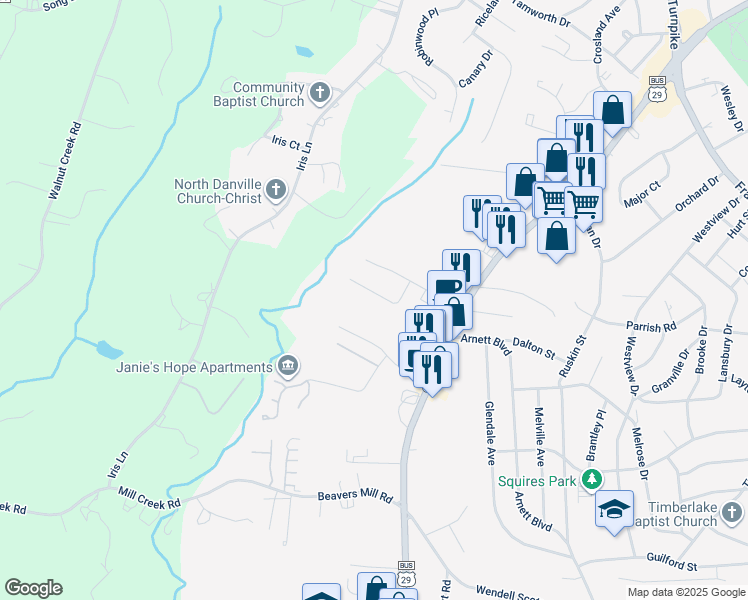 map of restaurants, bars, coffee shops, grocery stores, and more near 229 Sylvan Road in Danville