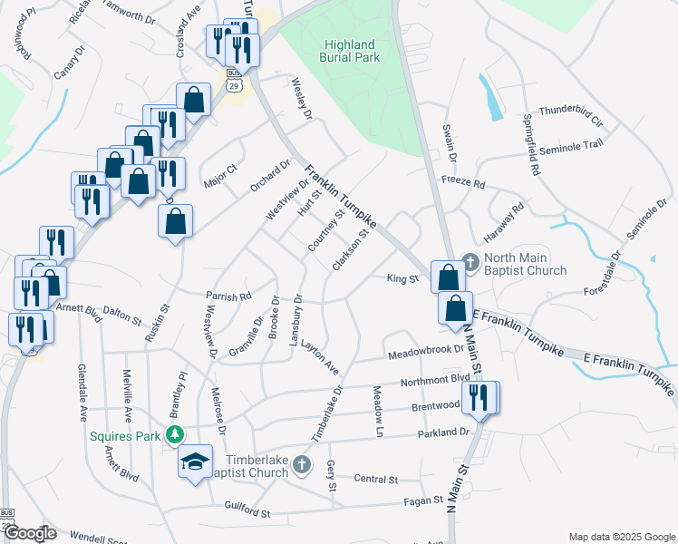 map of restaurants, bars, coffee shops, grocery stores, and more near 132 Clarkson Street in Danville