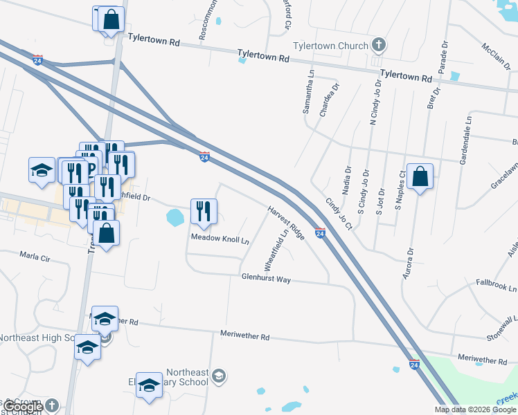 map of restaurants, bars, coffee shops, grocery stores, and more near 3787 Harvest Ridge in Clarksville