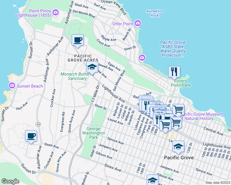 map of restaurants, bars, coffee shops, grocery stores, and more near in Pacific Grove