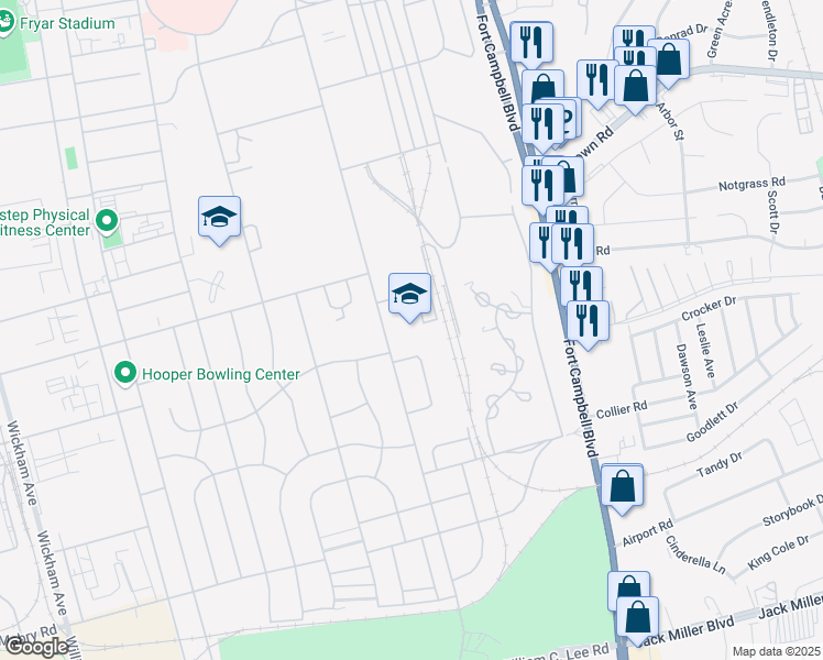map of restaurants, bars, coffee shops, grocery stores, and more near 1101 Bastogne Avenue in Fort Campbell