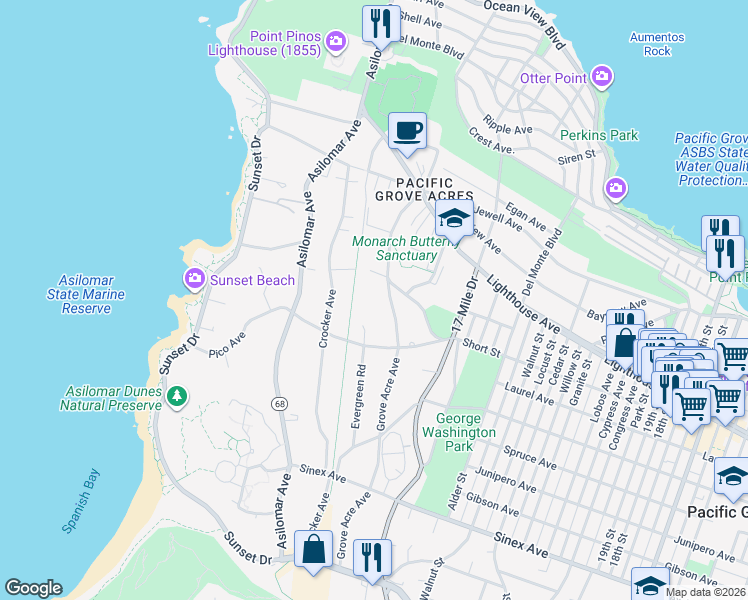 map of restaurants, bars, coffee shops, grocery stores, and more near 280 Grove Acre Avenue in Pacific Grove