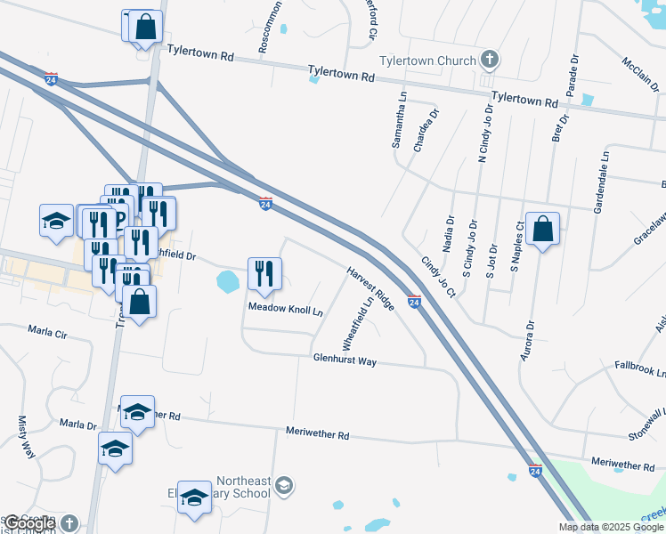 map of restaurants, bars, coffee shops, grocery stores, and more near 3786 Harvest Ridge in Clarksville