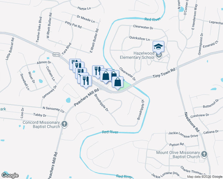 map of restaurants, bars, coffee shops, grocery stores, and more near 1471 Tiny Town Road in Clarksville