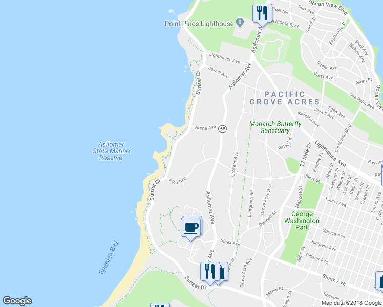 map of restaurants, bars, coffee shops, grocery stores, and more near 10 Calle De Los Amigos in Pacific Grove