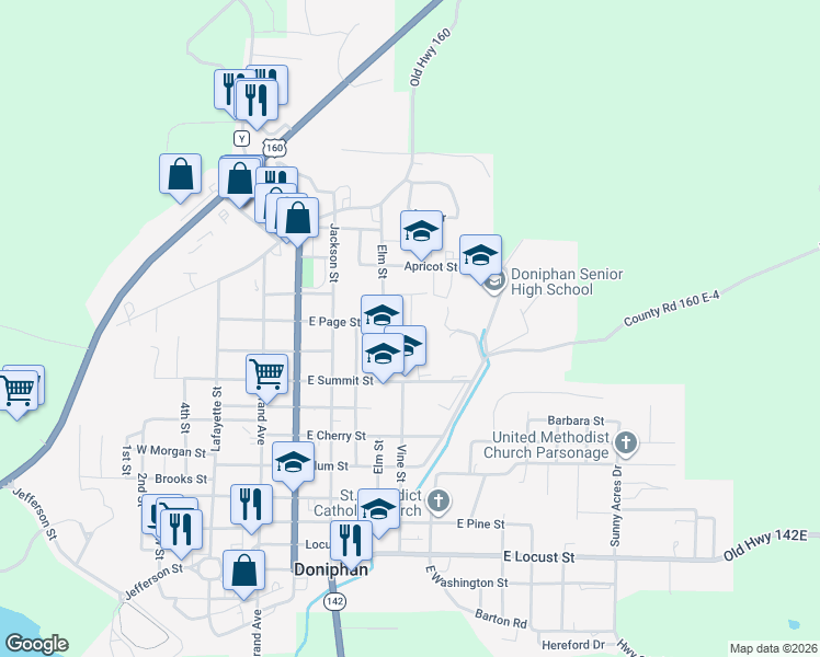 map of restaurants, bars, coffee shops, grocery stores, and more near 1002 Burford Court in Doniphan