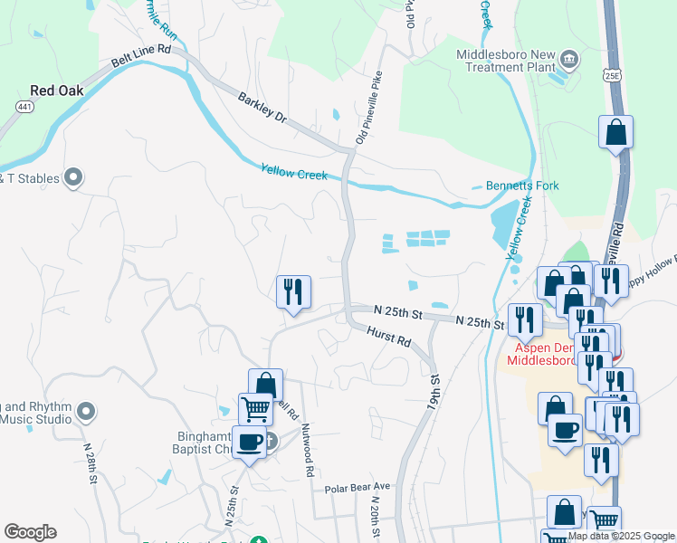 map of restaurants, bars, coffee shops, grocery stores, and more near 167 Old Pineville Pike in Middlesboro