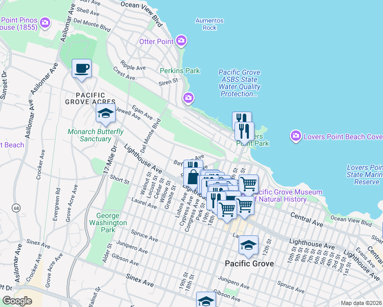 map of restaurants, bars, coffee shops, grocery stores, and more near 747 Jewell Avenue in Pacific Grove