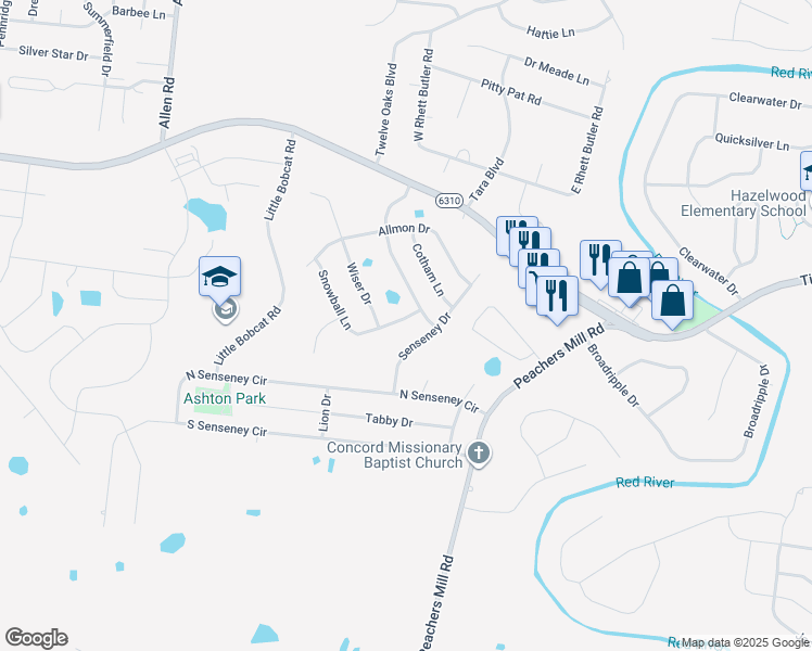 map of restaurants, bars, coffee shops, grocery stores, and more near 1290 Snowball Lane in Clarksville