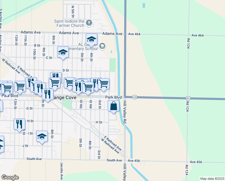 map of restaurants, bars, coffee shops, grocery stores, and more near 530 2nd Street in Orange Cove