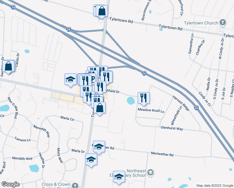map of restaurants, bars, coffee shops, grocery stores, and more near 1235 Northfield Drive in Clarksville