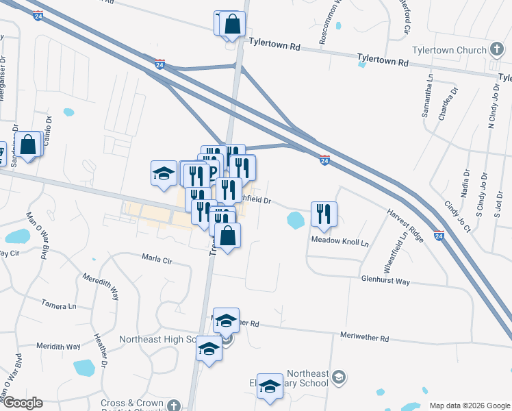 map of restaurants, bars, coffee shops, grocery stores, and more near 3894 Northeast Drive in Clarksville