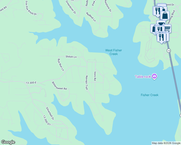 map of restaurants, bars, coffee shops, grocery stores, and more near 16 Vern Road in Kimberling City