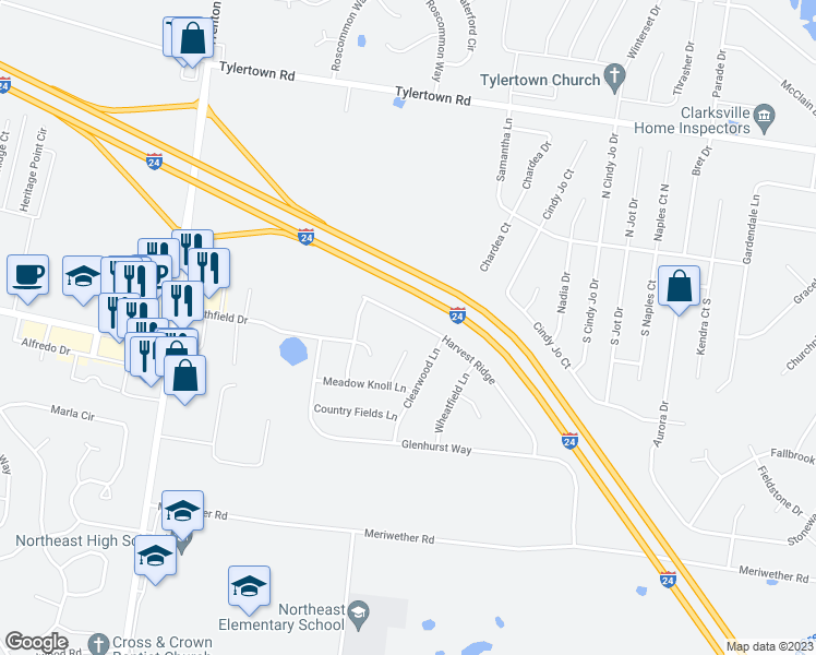 map of restaurants, bars, coffee shops, grocery stores, and more near 3796 Harvest Ridge in Clarksville