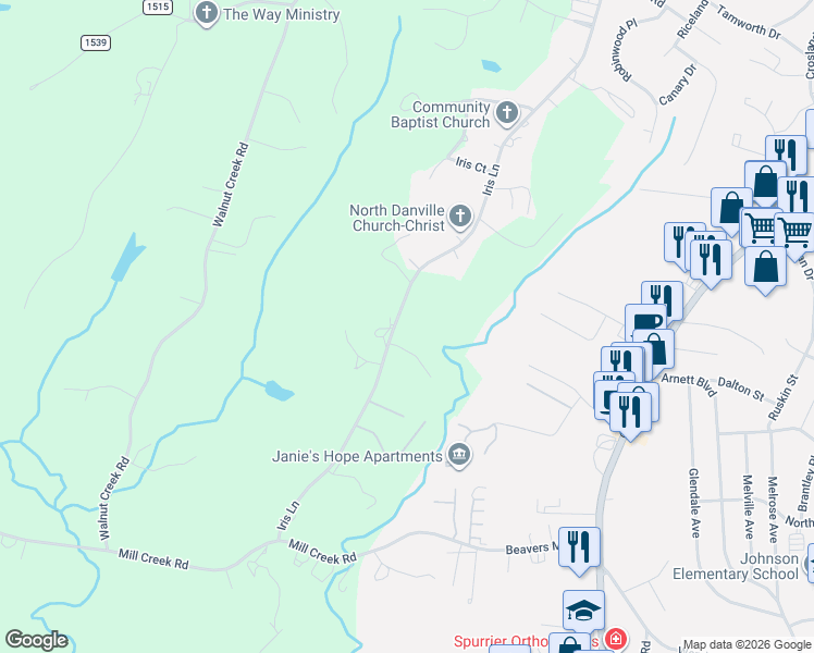 map of restaurants, bars, coffee shops, grocery stores, and more near 360 Iris Lane in Danville