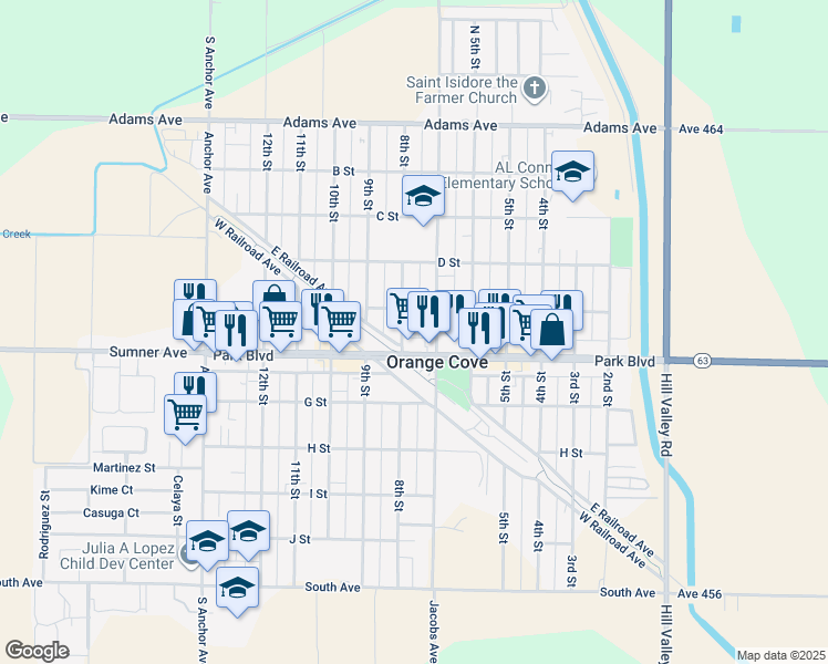 map of restaurants, bars, coffee shops, grocery stores, and more near 535 Center Street in Orange Cove