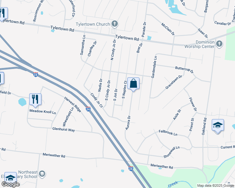map of restaurants, bars, coffee shops, grocery stores, and more near 3677 South Jot Drive in Clarksville