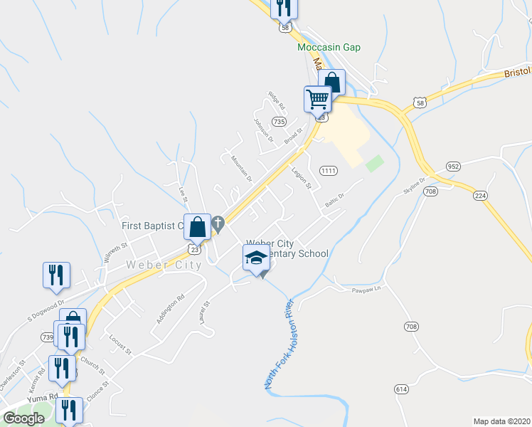 map of restaurants, bars, coffee shops, grocery stores, and more near 157 Delrose Street in Weber City