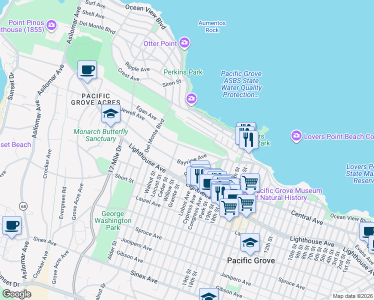 map of restaurants, bars, coffee shops, grocery stores, and more near 747 Jewell Avenue in Pacific Grove