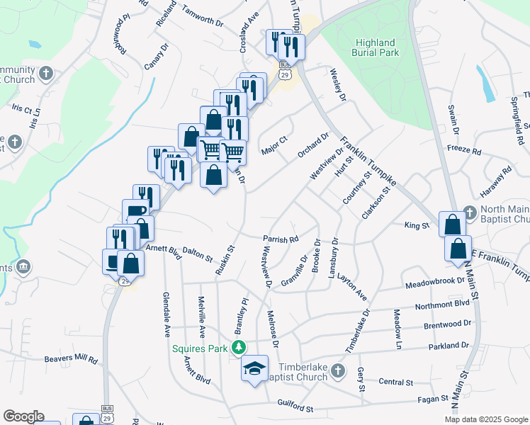 map of restaurants, bars, coffee shops, grocery stores, and more near 112 Westview Place in Danville