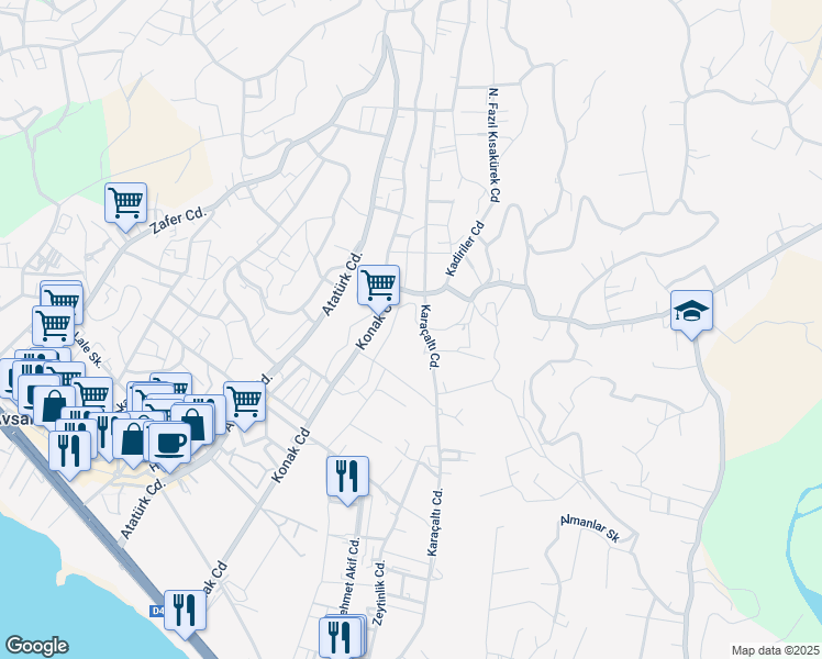 map of restaurants, bars, coffee shops, grocery stores, and more near Konak Caddesi in Alanya