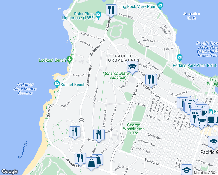 map of restaurants, bars, coffee shops, grocery stores, and more near 280 Grove Acre Avenue in Pacific Grove