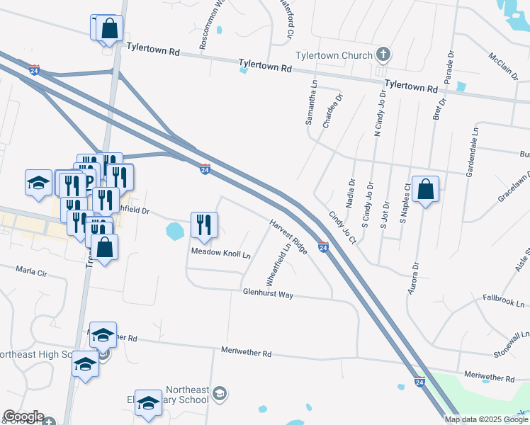 map of restaurants, bars, coffee shops, grocery stores, and more near 3787 Harvest Ridge in Clarksville