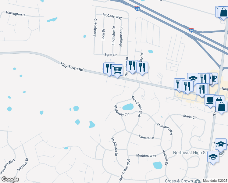 map of restaurants, bars, coffee shops, grocery stores, and more near 3846 Jockey Drive in Clarksville