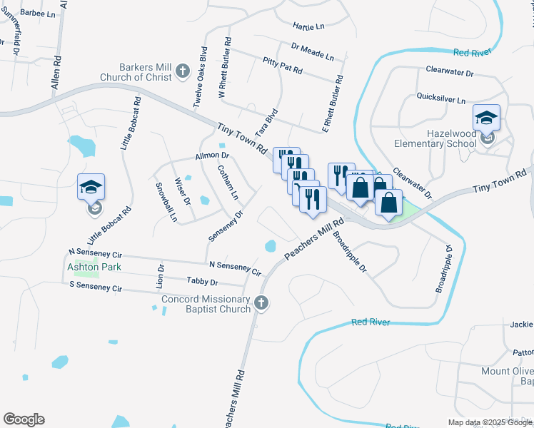 map of restaurants, bars, coffee shops, grocery stores, and more near 3228 Veranda Circle in Clarksville