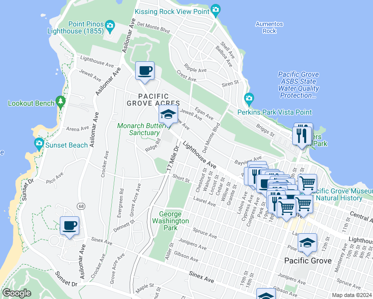 map of restaurants, bars, coffee shops, grocery stores, and more near 213 17 Mile Drive in Pacific Grove