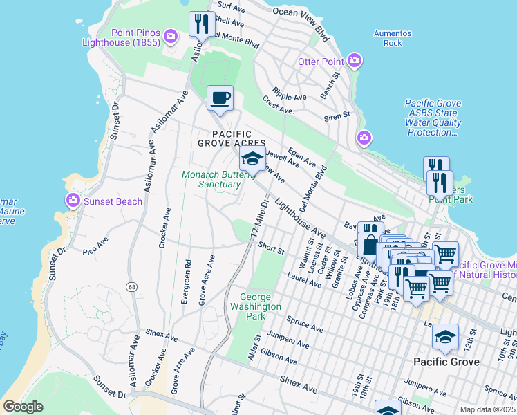 map of restaurants, bars, coffee shops, grocery stores, and more near 210 Ridge Road in Pacific Grove