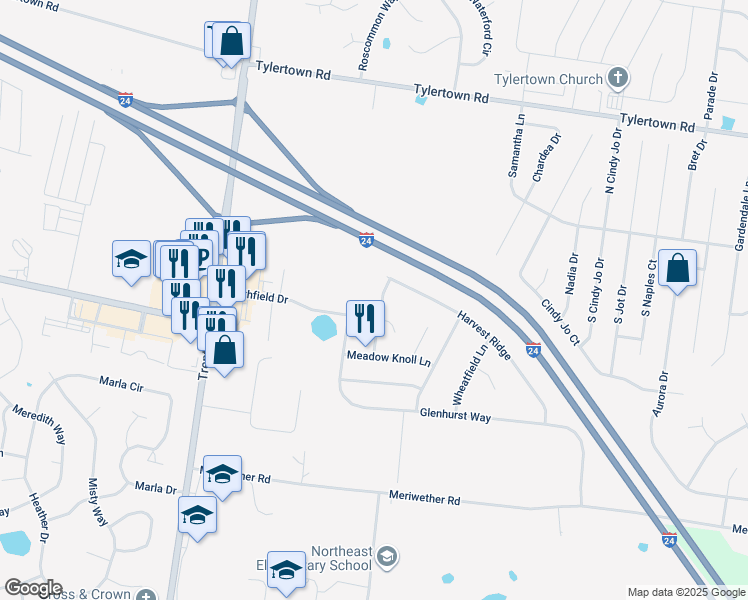 map of restaurants, bars, coffee shops, grocery stores, and more near 3741 Meadow Ridge Lane in Clarksville