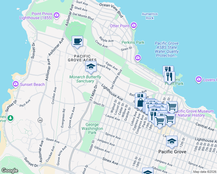 map of restaurants, bars, coffee shops, grocery stores, and more near 914 Lighthouse Avenue in Pacific Grove
