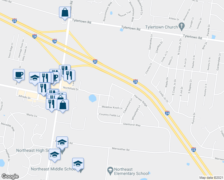 map of restaurants, bars, coffee shops, grocery stores, and more near 3741 Meadow Ridge Lane in Clarksville