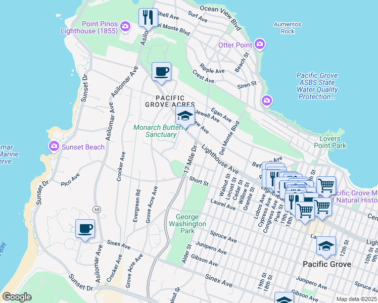 map of restaurants, bars, coffee shops, grocery stores, and more near 216 17 Mile Drive in Pacific Grove