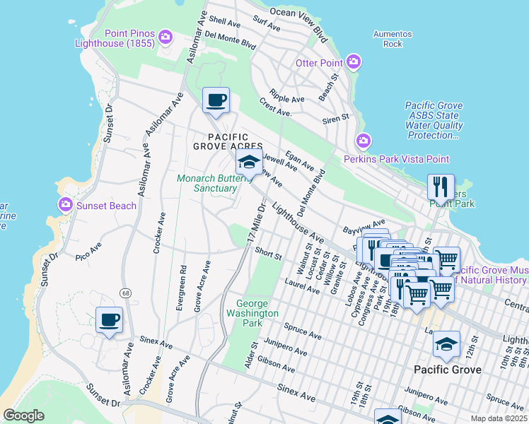 map of restaurants, bars, coffee shops, grocery stores, and more near 213 17 Mile Drive in Pacific Grove
