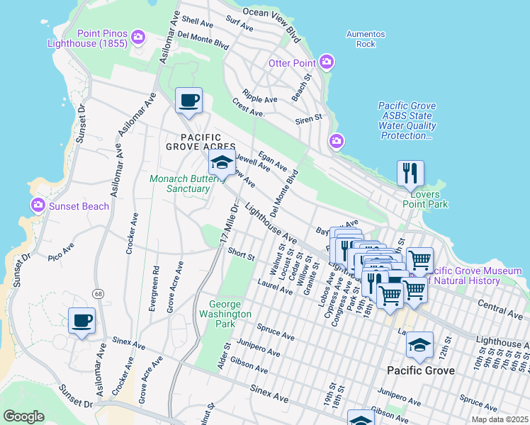 map of restaurants, bars, coffee shops, grocery stores, and more near 914 Lighthouse Avenue in Pacific Grove
