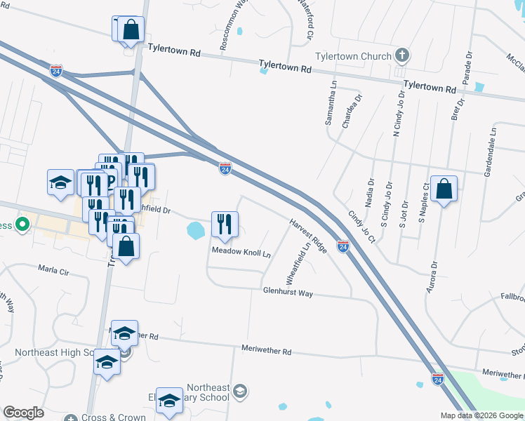 map of restaurants, bars, coffee shops, grocery stores, and more near 3804 Harvest Ridge in Clarksville