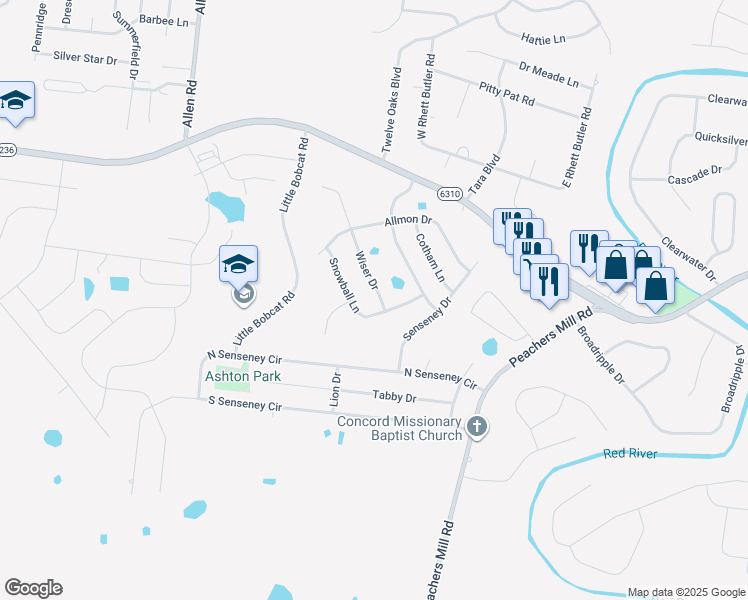 map of restaurants, bars, coffee shops, grocery stores, and more near 3392 Wiser Drive in Clarksville