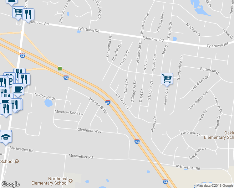 map of restaurants, bars, coffee shops, grocery stores, and more near 928 Cindy Jo Court in Clarksville
