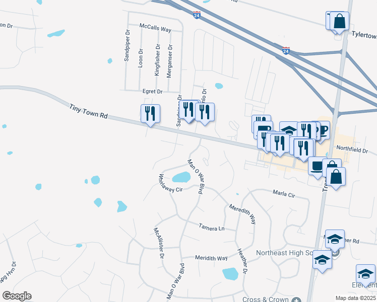 map of restaurants, bars, coffee shops, grocery stores, and more near 3866 Man O War Boulevard in Clarksville