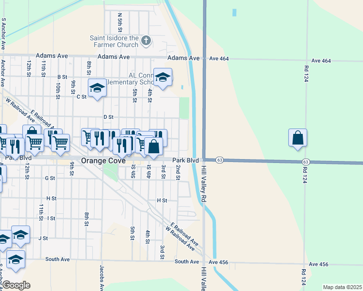 map of restaurants, bars, coffee shops, grocery stores, and more near 530 2nd Street in Orange Cove
