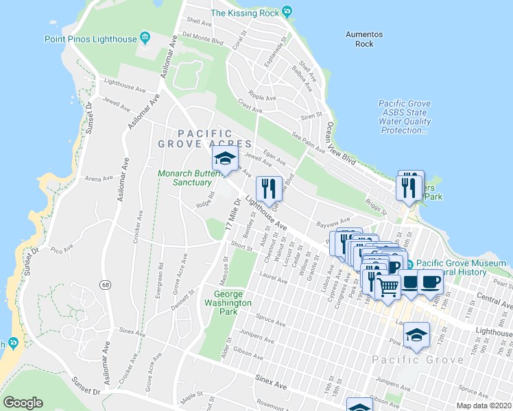 map of restaurants, bars, coffee shops, grocery stores, and more near Lighthouse Avenue & Bentley Street in Pacific Grove