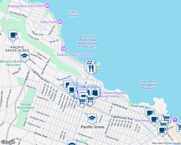 map of restaurants, bars, coffee shops, grocery stores, and more near 620 Ocean View Boulevard in Pacific Grove